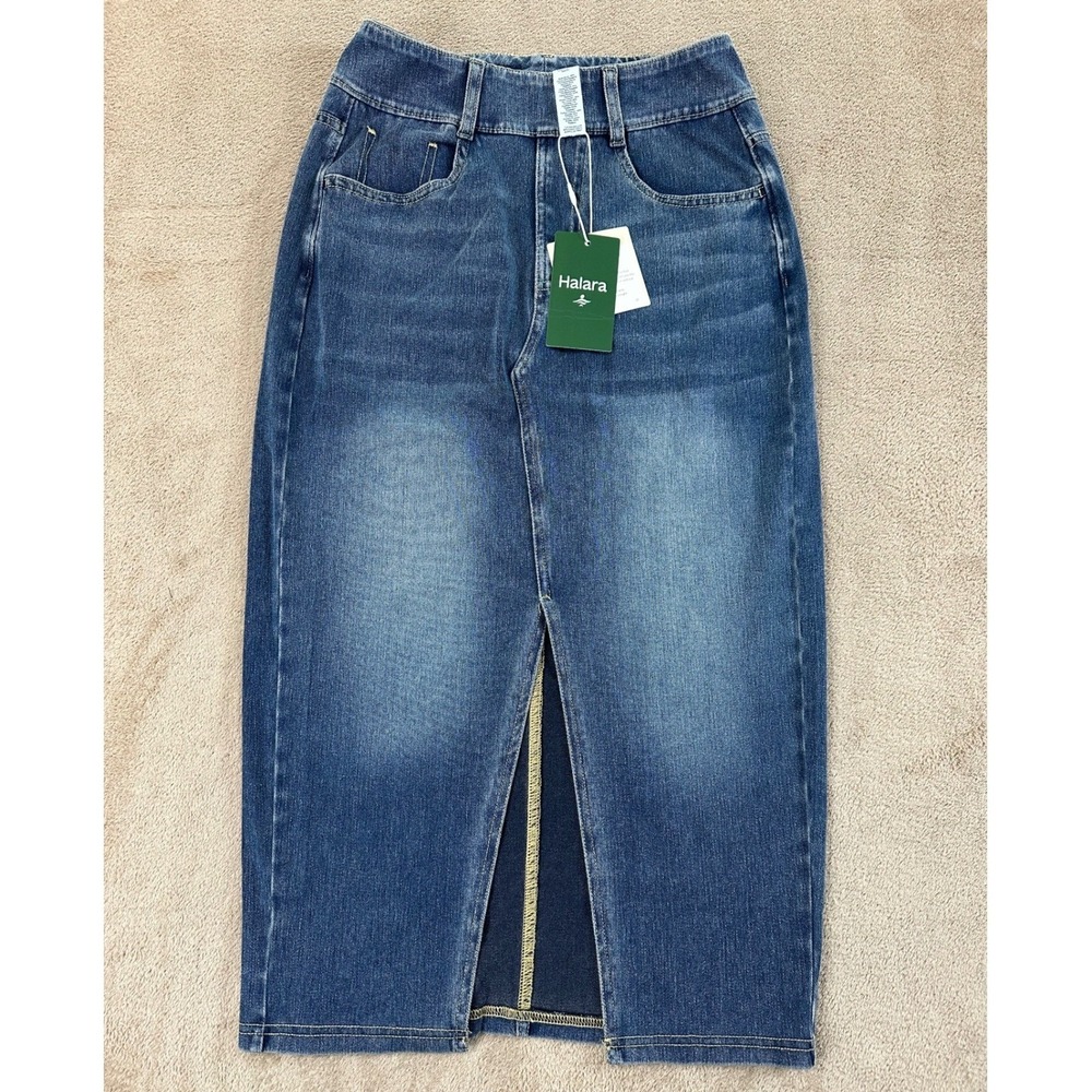 Halara Flex Denim High Waisted Midi Skirt Womens XS Blue Stretch Front Slit‎ NEW